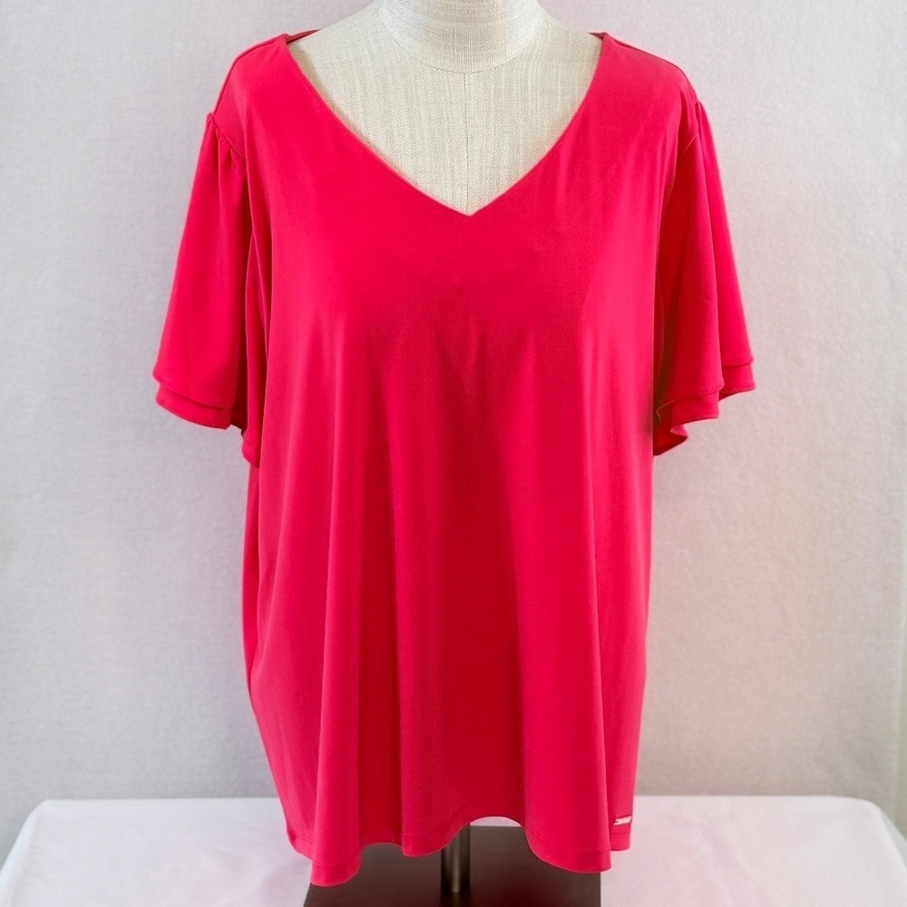 Calvin Klein Blouse Sz 3X Fuchsia Pink V-Neck Flutter Sleeve Barbiecore Top